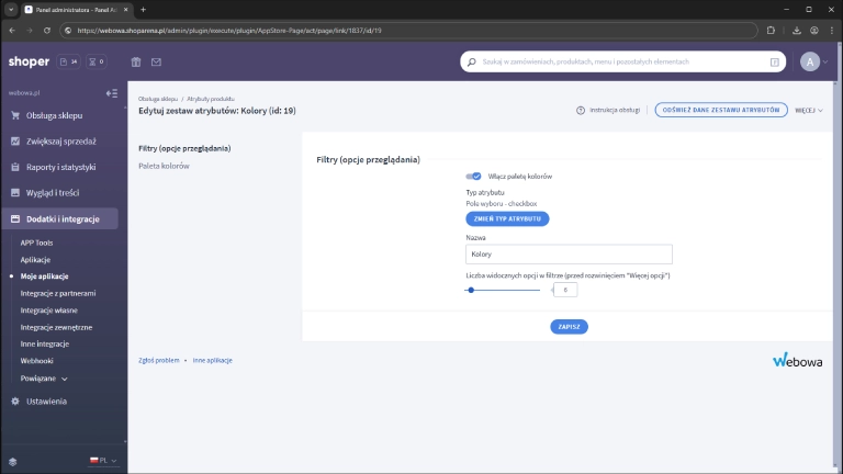 Ustawienia atrybutu (pole wyboru - checkbox)
