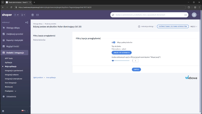 Ustawienia atrybutu (pole wyboru - select)