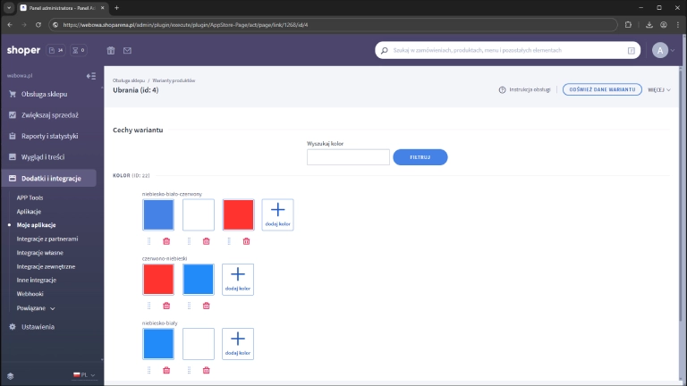 Ustawienia kolorów dla cech wariantu