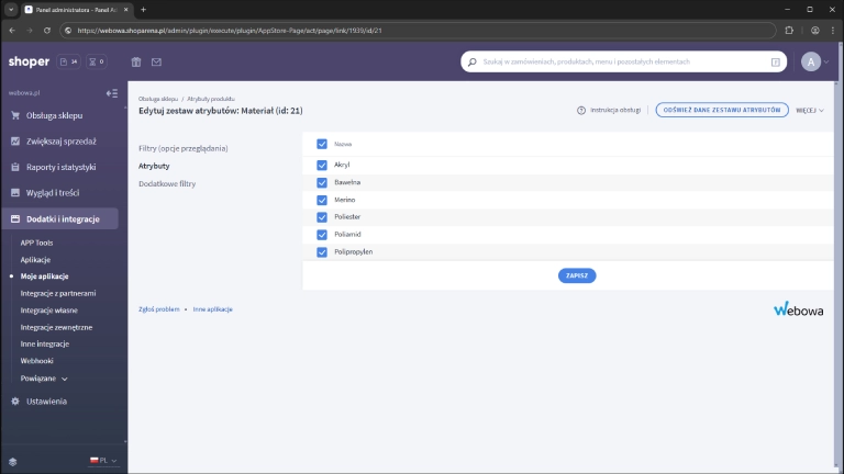 Wybór atrybutów do filtru wielokrotnego wyboru